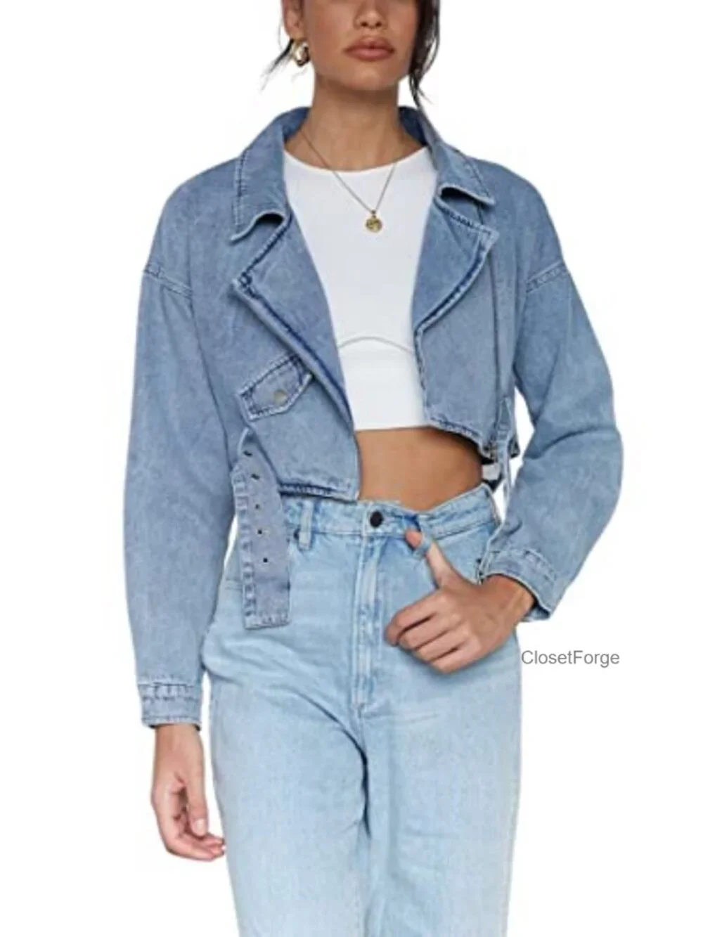 Women's Boyfriend Denim Blazer Jacket with Belt and Zipper Closure
